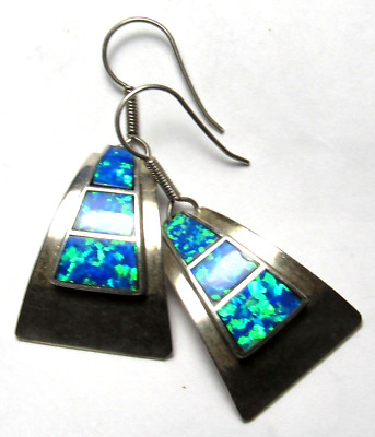 BIG Gorgeous VIVID BLUE Lab Opal TRIANGLE Dangle Earrings 950 STERLING SILVER