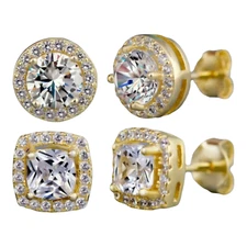 2Pair  Gold Plated Stud Earrings With Cubic Zirconia For Men, Women, Unisex