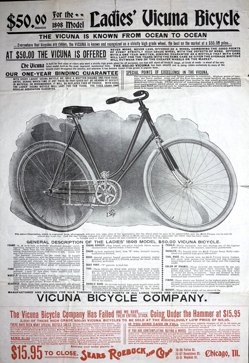 RARE Orig Flyer Poster Broadside? 1898 Vicuna BICYCLE Men Ladies