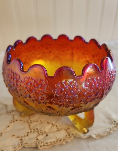 Fenton VTG Flowers Iridescent Red Amberina Carnival Glass Orange Tree Rose Bowl - Picture 2 of 19