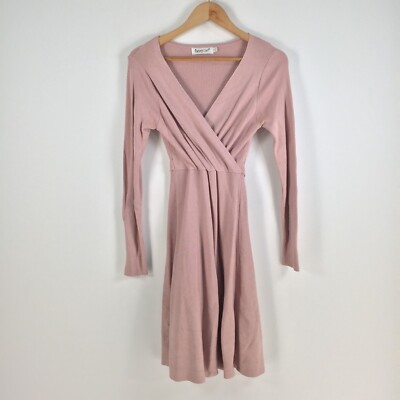 Sunny Girl womens dress size S fit flare pink long sleeve Vneck belt 057064 