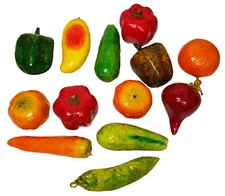 Vintage Folk Art Paper Mache Colorful Fruits And Vegetables - Lot of 13