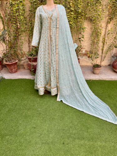 Pakistani Sky Blue double Long Maxi Style Embroidered Sequins Chiffon Dress,XL - Picture 2 of 11