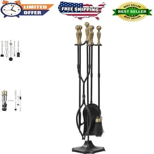 Rustic 5-Piece Wrought Iron Fireplace Tools Holder with Ergonomic Brass Accents
