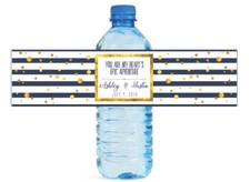 Gold Confetti on Blue White Stripes Water Bottle Labels Wedding Engagement