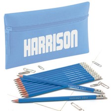 Personalised Pencil Case with12 Embossed Rubber Tipped HB Pencils - Sky Blue