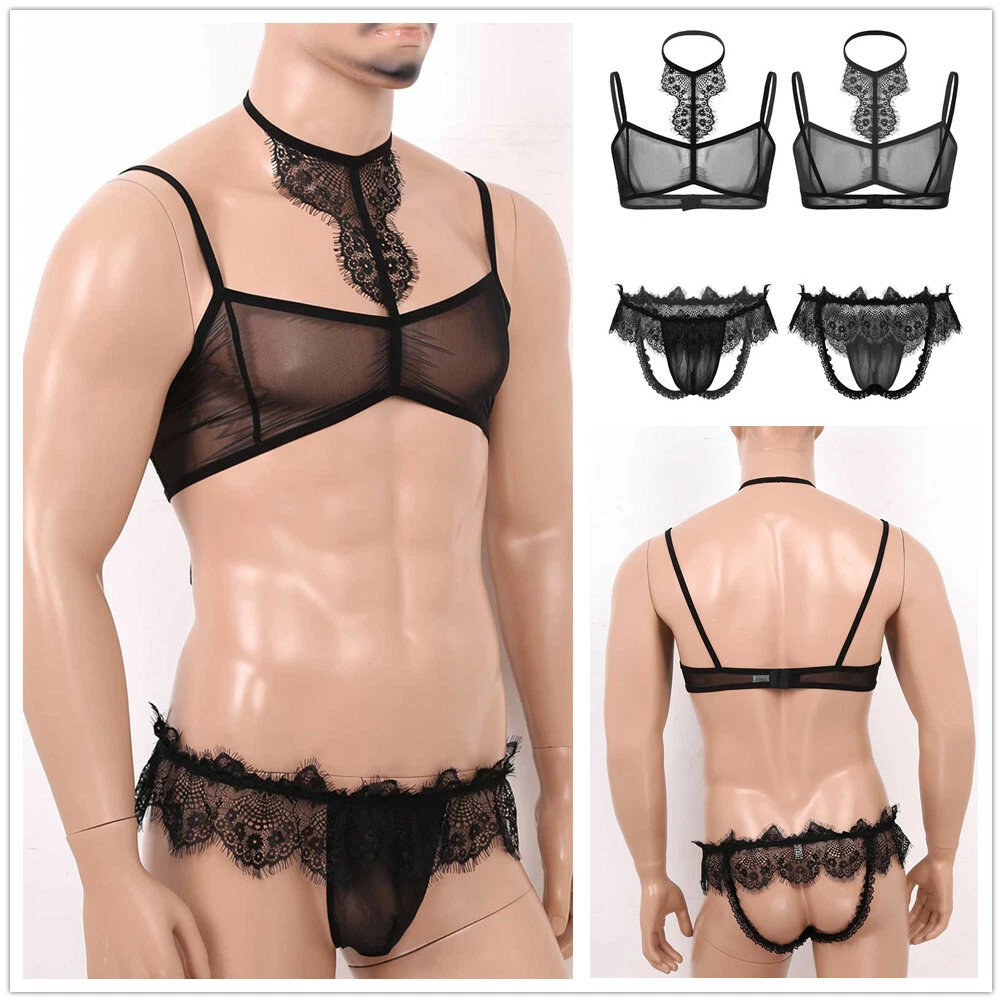 Mens Sissy See Through Mesh Lace Trim Straps Bra with Pouch