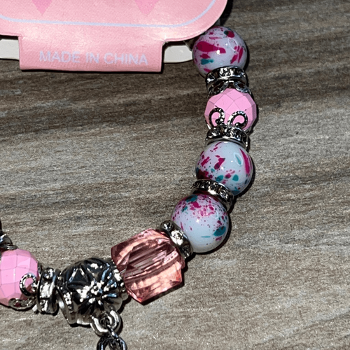 Pink And White Floral Breast Cancer Awareness Stretch Bracelet - Picture 4 of 6