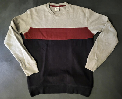 ZARA HERREN PULLOVER GR. L GRAU ROT SCHWARZ GESTREIFT TOP ZUSTAND