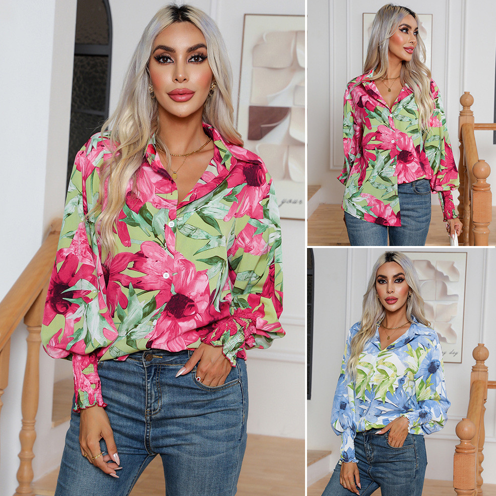Stylish Printed Lantern Sleeve Blouse for Women