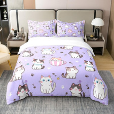 Cute Cat Bedding Set for Kids - Twin Size Duvet Cover, 100 Cotton, Purple