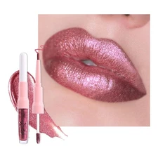 evpct Light Plum Red Metallic Glitter Lip Liner and Lipstick Combo Lip Gloss ...