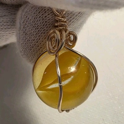 ORANGE 1950s VITRO CATS TIGER EYE SCHOOLYARD MARBLE Necklace Vintage Chain 