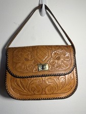 Vintage Western Hand Tooled Leather Purse With Floral Design Light Brown