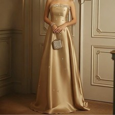 Champagne Gold A-line Sparkling Ball Dress Strapless Flower Satin Evening Gown