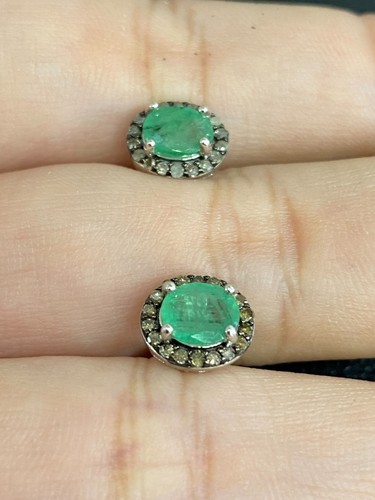 NATURAL EMERALD 5X6 NATURAL DIAMOND STERLING SILVER 925 EARRING - 第 4/5 張圖片