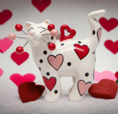 Ceramic Whisker Cat Ornament - Red And Pink Heart, Home Décor, Gift for Her, Gif