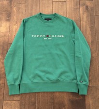 Tommy Hilfiger Spellout Embroidered Logo Sweatshirt Green Size S Crew Neck L/S