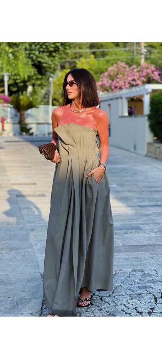 ZARA SS25 MIDI PLEATED WRINKLED DRESS Sz L ZW COLL. LIGHT KHAKI
