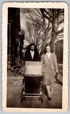 Vtg B W Snapshot Two Women Marie Jean Pushing Vintage Baby Carriage 1940s