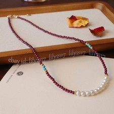 Natural Red Garnet Turquoise Round Gemstone Beads White Pearl Necklace 14-36''