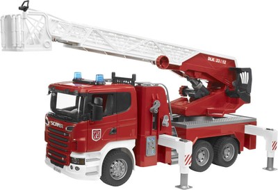 Bruder 03590 Scania Feuerwehrleiterwagen plus Licht und Sound Module, Maße: 71 