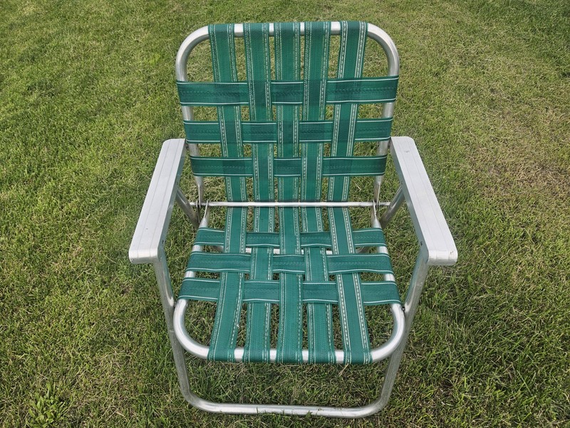 Vintage Folding Aluminum Frame Lawn Chair Green Webbed 1970s Outdoor Patio Chair