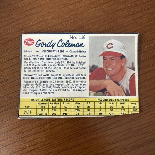 1962 Post Canadian Baseball #116 Gordy Coleman Cincinnati Reds Set Break