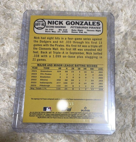 2024 Topps batted 338 Nick Gonzales Pittsuburgh Pirates RC Auto /99 #68FFNG - Imagen 14 de 24