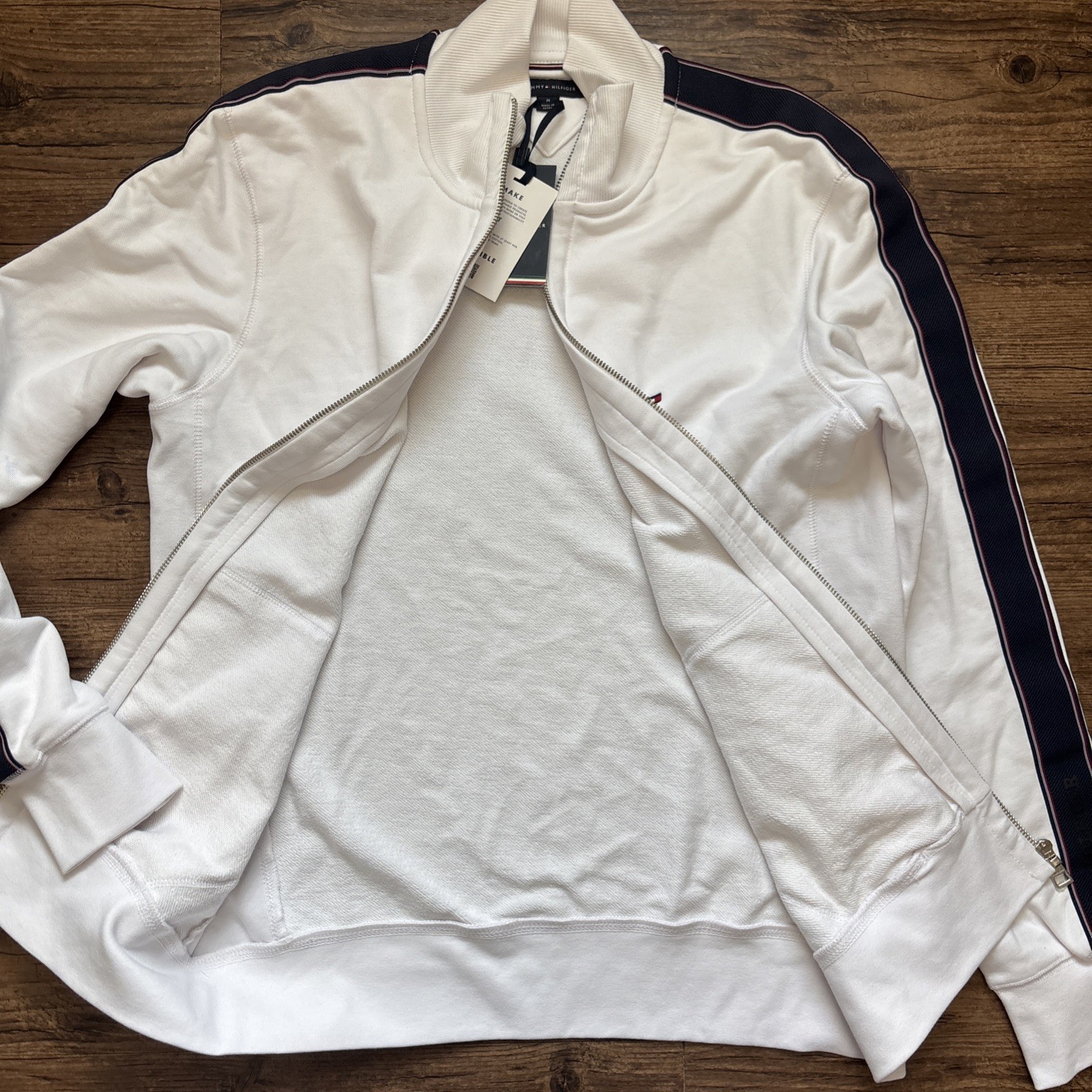 Tommy  Hilfiger Track ZipUp Jacket Men’s Medium NWT White/Blue Stripe Longsleeve image 8