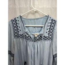 Bohemian Size 10 Blue Denim Chambray Embroidered Coastal Mini Tunic Peasant