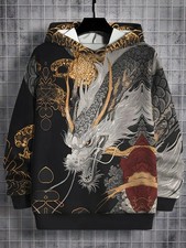3D Eastern Dragon Hoodie Gold Ink Mythic Serpent Art Graphic Pullover Unisex