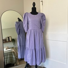 100% Cotton Cottagecore Eyelet Midi Dress Medium Purple Puff Sleeve Tiered Boho