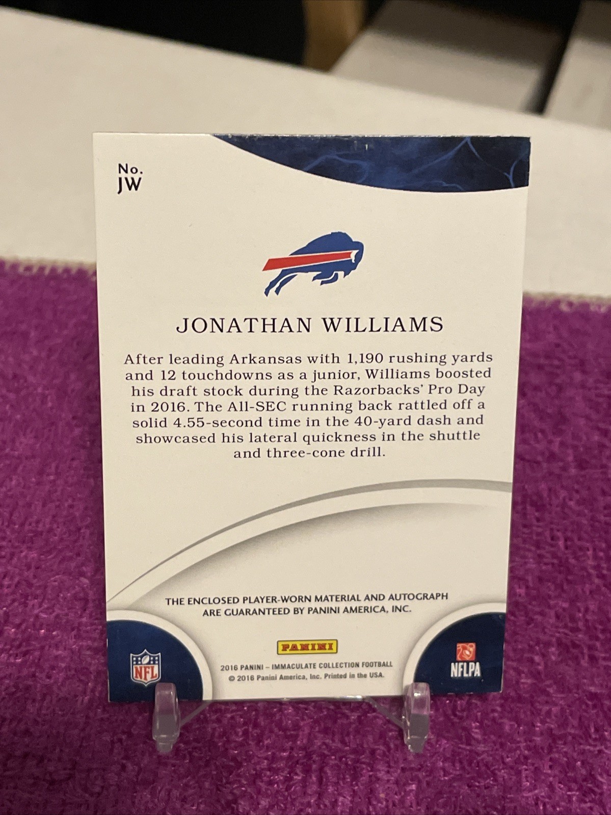 JONATHAN WILLIAMS 2016 PANINI IMMACULATE FOOTBALL ROOKIE NUMBERS PATCH AUTO /40 view 4