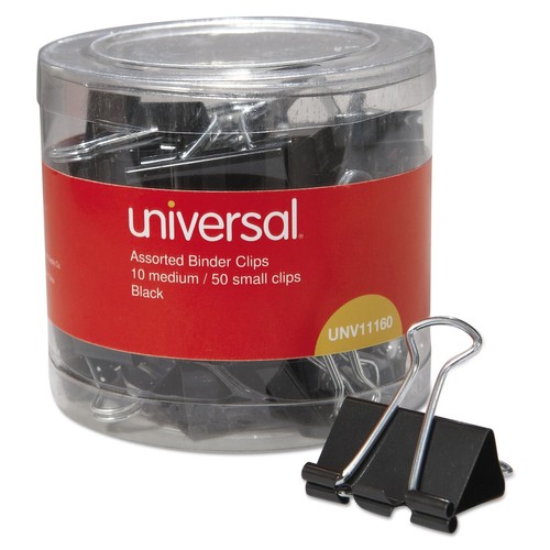 Binder Clips with Storage Tub, (50) Small (0.75"), (10) Medium (1.25"), Black...
