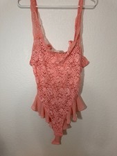 Vintage Victoria s Secret Lace Teddy M Pink Bow Ruffle 90s Bodysuit Coquette