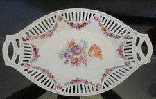 Antique German Dresden Floral Bavaria Reticulated Floral 12.5" Oval Serving Bowl