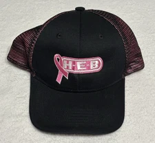 H-E-B Pink And Black Breast Cancer Mesh Hat Snapback Cap Pink Ribbon HEB LOGO