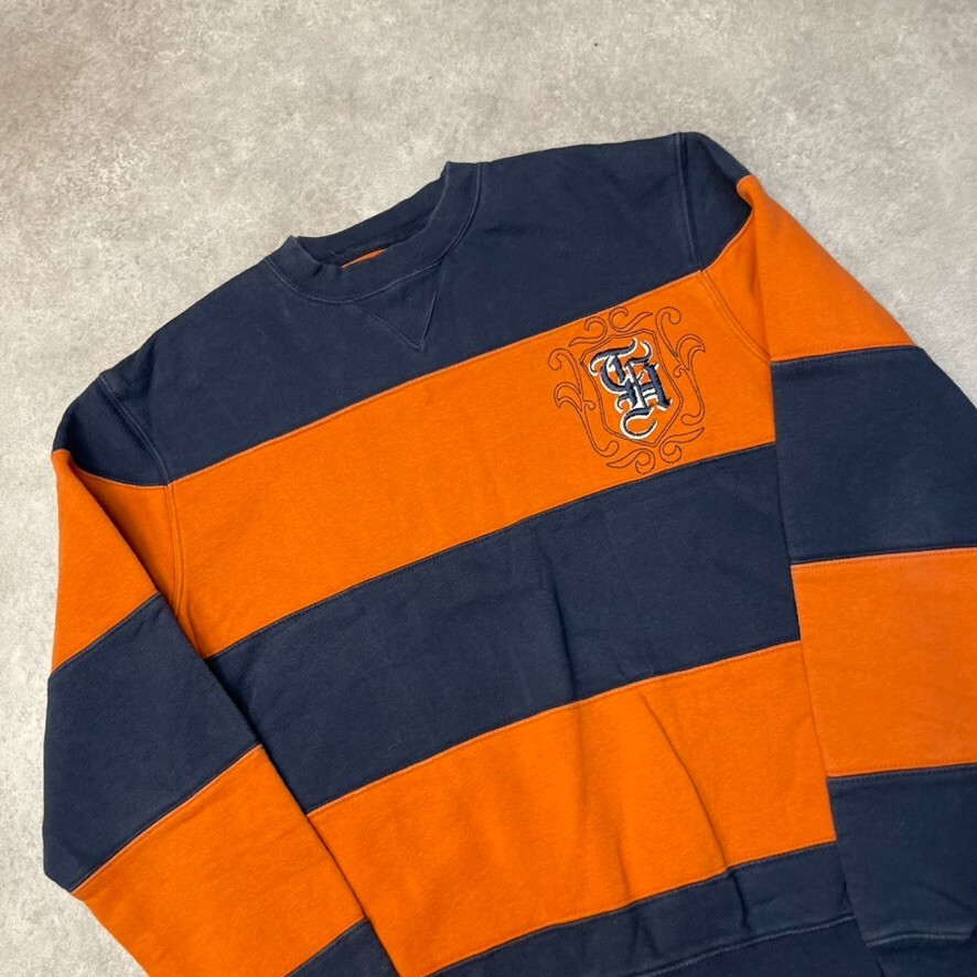 Tommy Hilfiger Sweatshirt Mens Small Striped Crew Neck Jumper, Orange Navy image 3