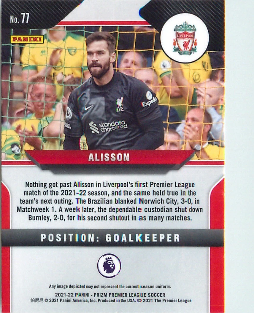 Alisson 2021-22 Panini Prizm Premier League Soccer Chrome Card #77 