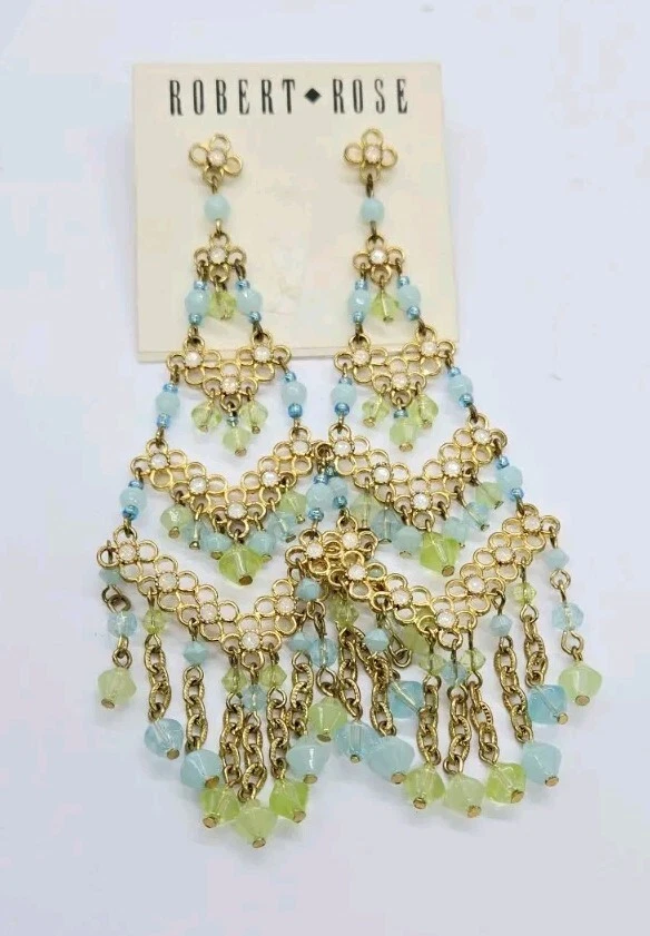Люстра проколотые серьги Robert Rose подвеской синий зеленый золотой тон 4,5» пастель - Изображение 2 из 4