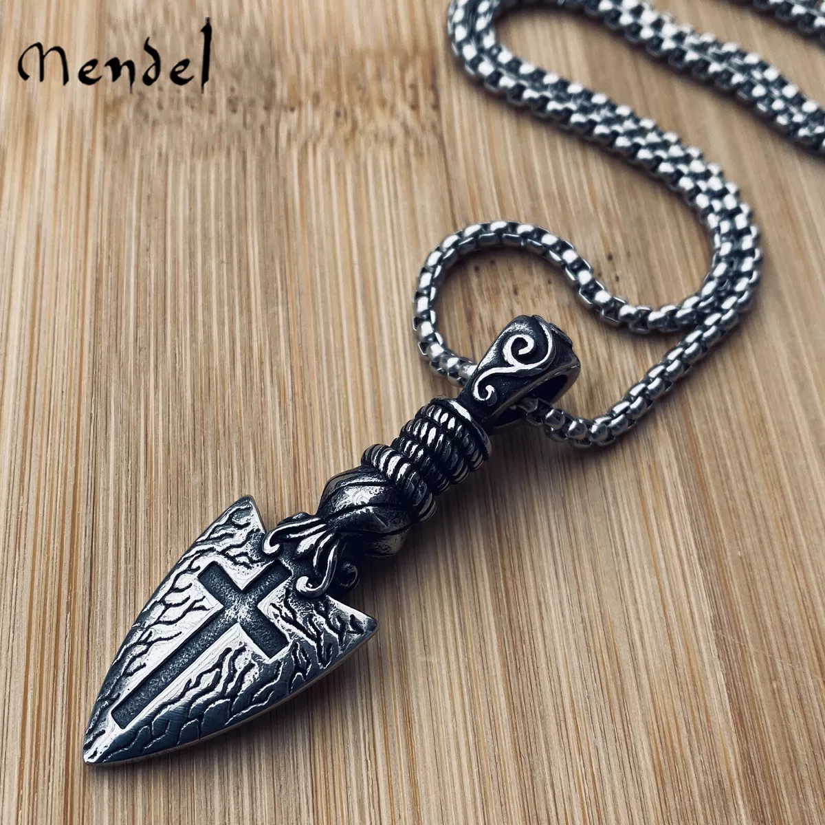 MENDEL Cool Stainless Steel Mens Gothic Arrow Cross Arrowhead Pendant Necklace