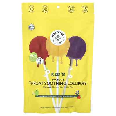 Beekeeper's Naturals Kid's Propolis Throat Soothing Pops, Apple Strawberry Berry