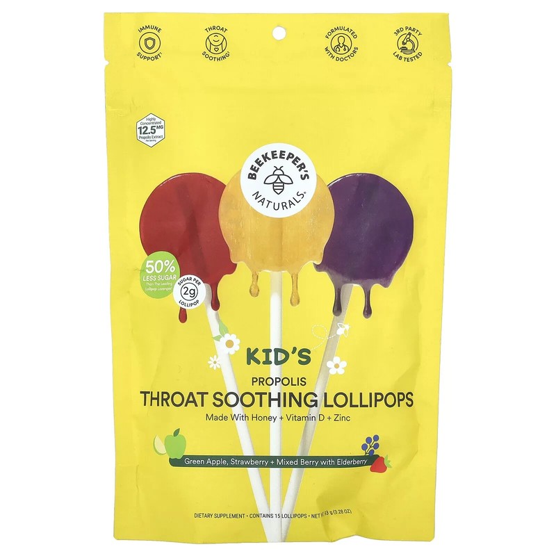 30 Beekeeper's Naturals Kid's Propolis Throat Soothing Pops, 2pks x15, BB: 06/27