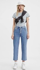 Levi  s Mile High Cropped Wide Leg Exposed Button Fly Stretch Denim Blue Jeans 30