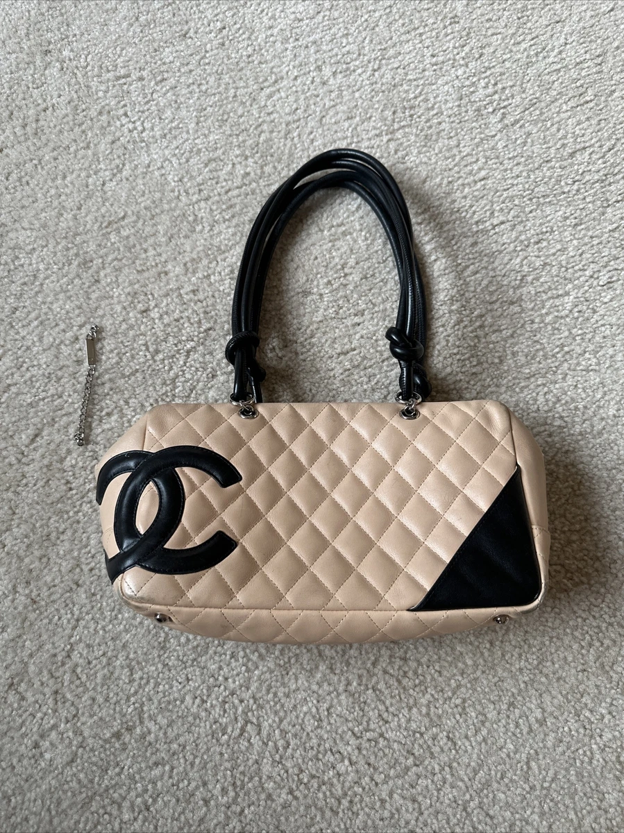  Auth Chanel Cambon Medium Bowling Bag Calfskin White CC Logo Black