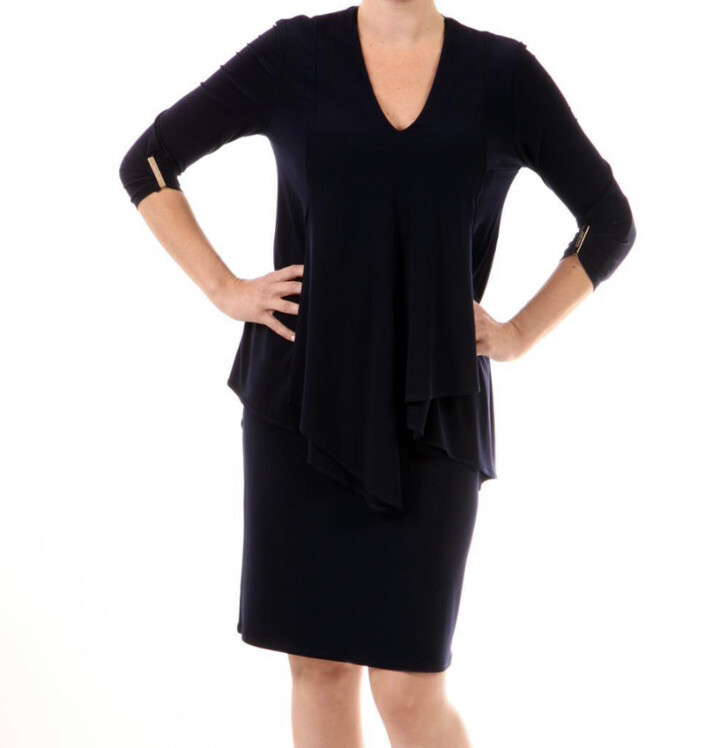 Joseph Ribkoff Black Jersey Knit Dress Ruched Sleeves Layered