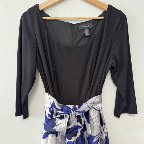 R&M Richards Black Asymmetrical Dress Belted Bow Blue Floral Midi A-Line 12 NWOT - Picture 7 of 16