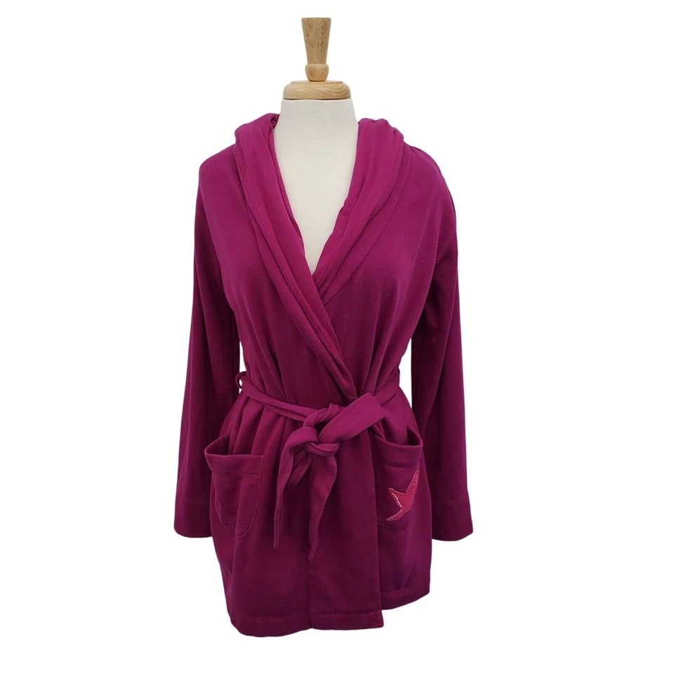 Cardigã lounge Aerie com capuz e cinto rosa fúcsia mistura de algodão manga longa M aconchegante - Imagem 2 de 4