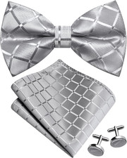Plaid Light Grey Bow Tie Pocket Square Set for Men Checkered Pre-Tied Bowties...